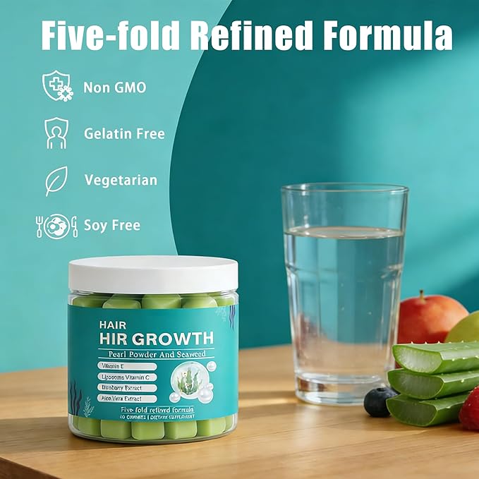 Seaweed Hair Growth Gummies - Supports Faster Hair Growth Stronger Nails &amp Glowing Skin with Pearl Powder Liposomal Vitamin C Vitamin E &amp Aloe Vera - 5X Refined Formula 60 Count for Women