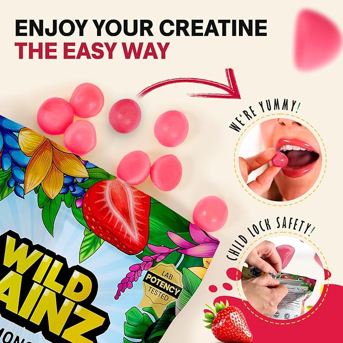Creatine Monohydrate Gummies Sugar Free 5g - Made in USA - Pre Workout Creatine Chews for Women &amp Men Creatine Gummy Candy Chewable Nutritional Supplements NSF Certified (Strawberry 120 Count)
