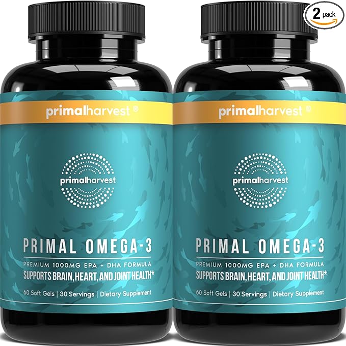 Primal Harvest Omega 3 Fish Oil Supplements 30 Servings Soft Gels Capsules w/ 1000mg EPA + DHA Supplements No Fishy Burps Non-GMO Omega 3 Fatty Acid 2 Pack