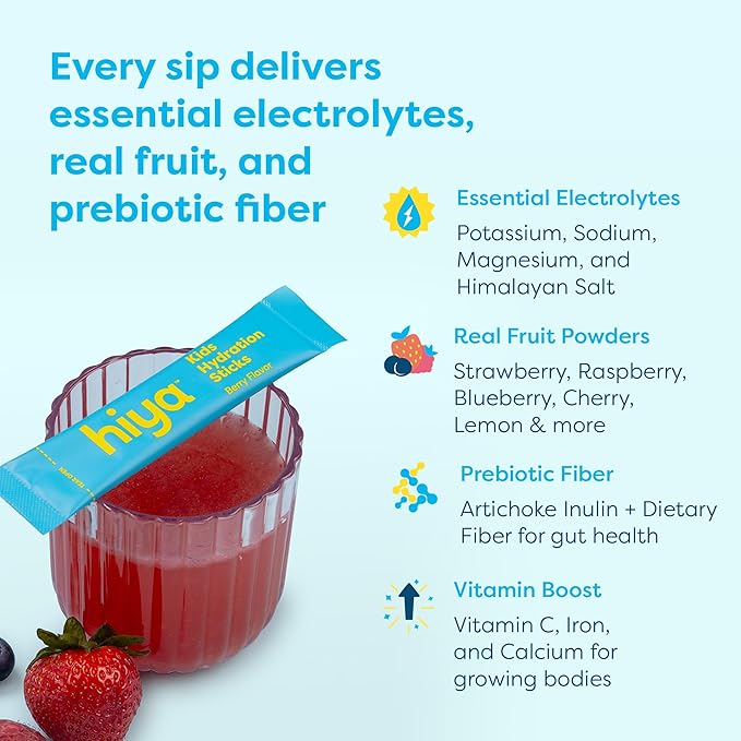 Hiya Kids Hydration with Electrolytes - Zero Added Sugar Berry Flavored Kids Hydration Packets - 15 Sticks - Travel-Friendly Drink Mix for Children Ages 2+