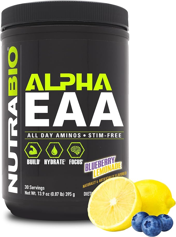 NutraBio Alpha EAA - All-Day Amino Acids for Muscle Growth and Hydration - Essential Amino Acids with Nootropics &amp Adaptogens- Full Spectrum EAA BCAA Powder - 30 Servings - Blueberry Lemonade