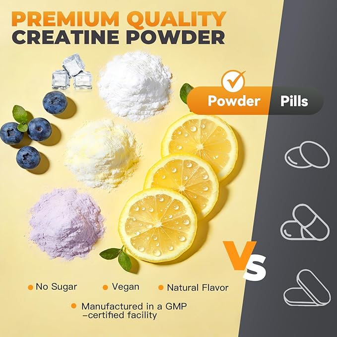 Creatine Monohydrate Powder - Lemon - 30 Servings - 5g of Creatine Monohydrate - Supports Muscle ATP Production Energy Strength - Vegan Gluten Free