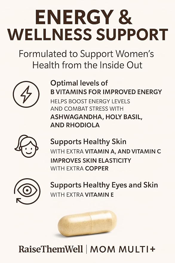Raise Them Well Mom Multi+ Daily Multivitamin for Women with Active Folate Adaptogens &amp Bacopa Energy Stress &amp Cognitive Support 120 Veggie Capsules