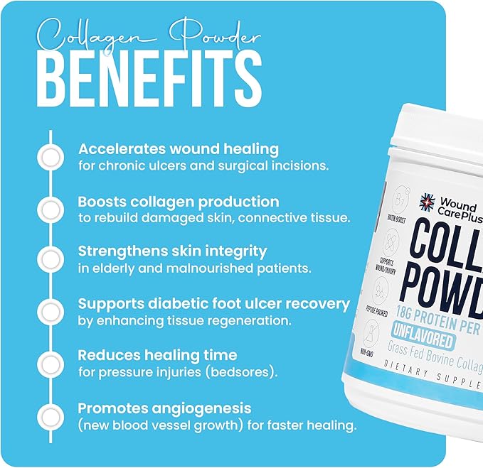 Wound Care Plus Collagen Peptides Powder Unflavored - Grass-Fed Hydrolyzed Collagen with 18g Protein - Supports Skin Hair &amp Joint Health - Non-GMO Keto Friendly