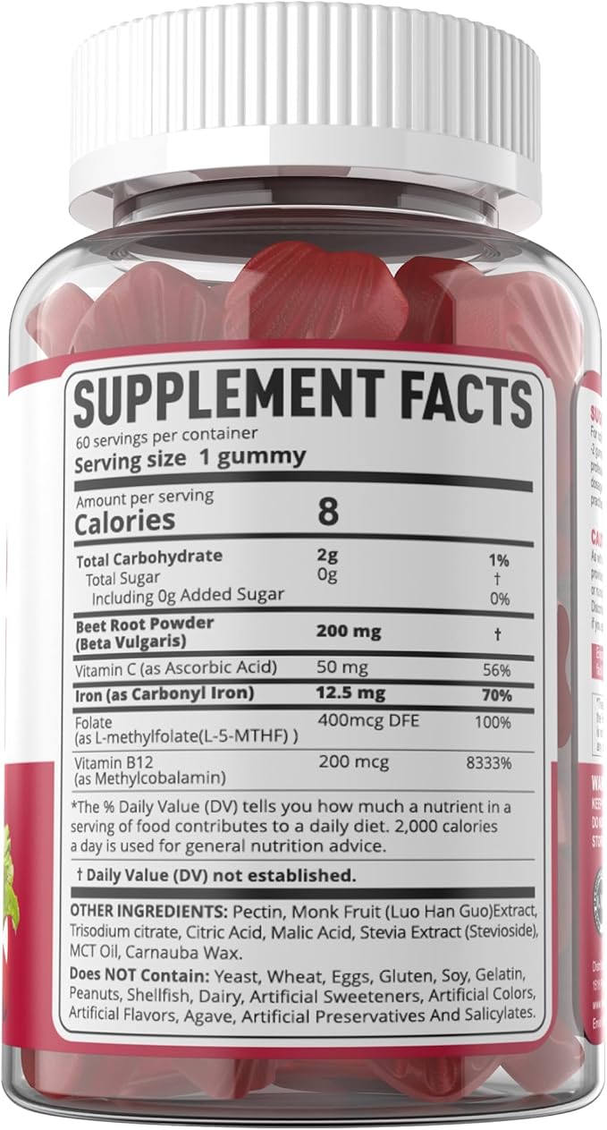 Beet Root Gummies with Iron Methyl B12 Folate Vitamin C - Increase Nitric Oxide &amp Iron Levels Energy Support Fight Fatigue Beetroot &amp Gentle Iron Supplement Sugar Free 120 Count
