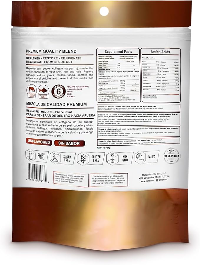 Multi Collagen Booster Powder – Extra Strength Collagen Supplement with Added Keratin Biotin Hyaluronic Acid Vitamin C &amp Silica – Extra Nutrients for Hair Nails&amp Skin -1 Pound