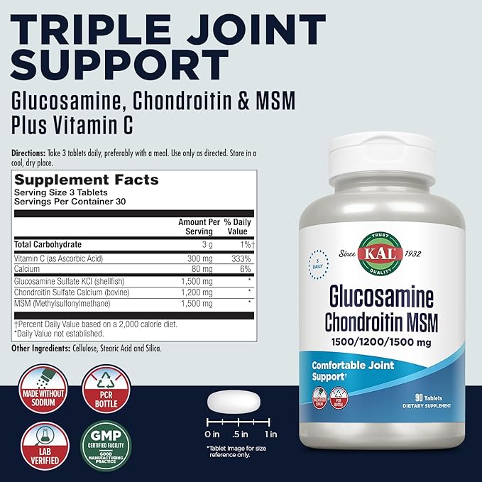 KAL Glucosamine Chondroitin MSM Joint Support Supplement for Women and Men 1500mg Glucosamine Sulfate 1200mg Chondroitin 1500mg MSM Rapid Disintegration 60-Day Guarantee 30 Servings 90 Tablets