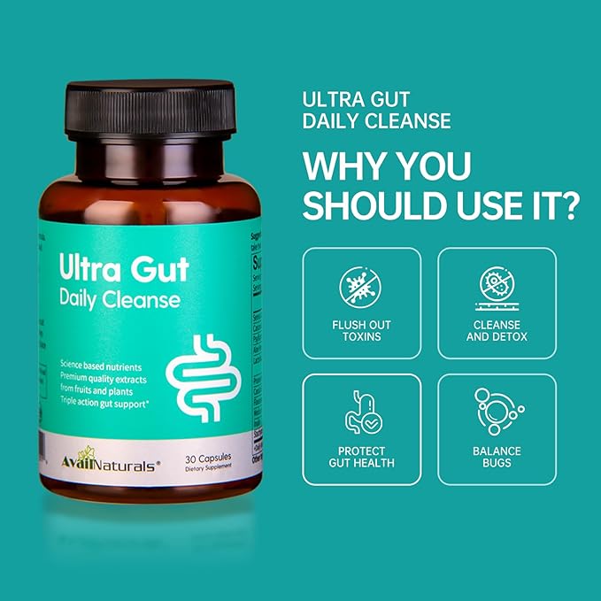 AvailNaturals Ultra Gut Daily Cleanse 15 Day Cleanse-with Senna Leaf Extract Cassia Seed 2.5 Billion Probiotics &amp Dietary Fiber30 Capsules