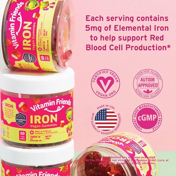Vitamin Friends - Vegan Multivitamin &amp Iron for Kids - Daily Nutritional Support Gummies w/Ferrous Fumarate B-Complex Vitamin C Zinc Biotin - Body Function &amp Anemia - Strawberry Jam(60 Day