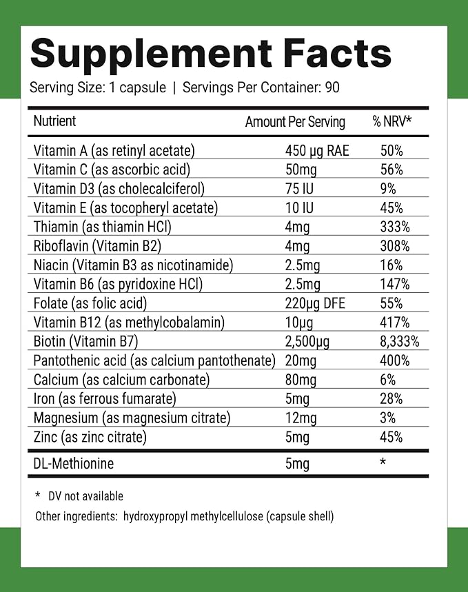 Nutri-Align Hair Defence Biotin Complex for Keto and Fasting | 90 Capsules | High Strength Hair Growth Biotin - 2500mcg Biotin per Capsule | Vitamin A Folic Acid &amp Calcium