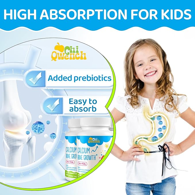 500 MG Calcium Supplement with Vitamin D3 &amp K2 Zinc Magnesium &amp Prebiotics. Kids Vitamins for Kids' Height. Bone Strength High Absorption Orange Chewables Non-GMO Gluten Free 60 Tabs