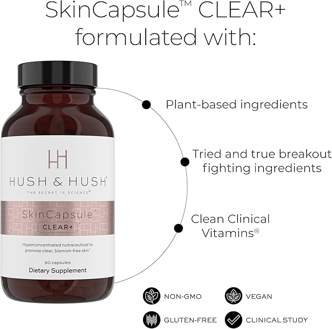 Hush &amp Hush Acne Supplements for Clear Skin – Clinically Proven Formula to Reduce Breakouts &amp Blemishes – Supports Hormonal Balance with Vitamin A Zinc &amp Antioxidants – Vegan Non-GMO – 6
