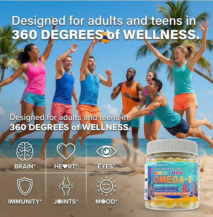 Vegan Omega-3 Gummies - 1000mg Algae Oil with 650mg DHA &amp 250mg EPA for Teens &amp Adults - Plus Vitamin D3 AC Lutein Zeaxanthin Magnesium for Eye &amp Immune Health Brain - Sugar Free No