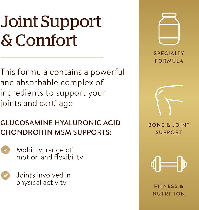 Solgar Glucosamine Hyaluronic Acid Chondroitin MSM (Shellfish-Free) 60 Tablets - Joint Support &amp Comfort - Supports Active Lifestyles - Non-GMO Gluten Free Dairy Free - 20 Servings