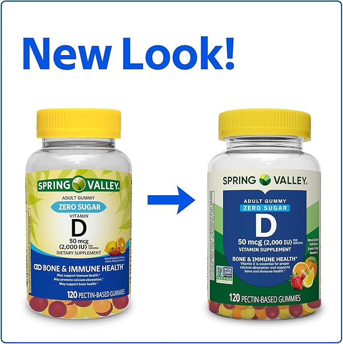 SUREFECT Spring Valley Zero Sugar Vitamin D 50 mcg (2000 IU) Gummies Bone &amp Immune Support - 120 Count Organizer