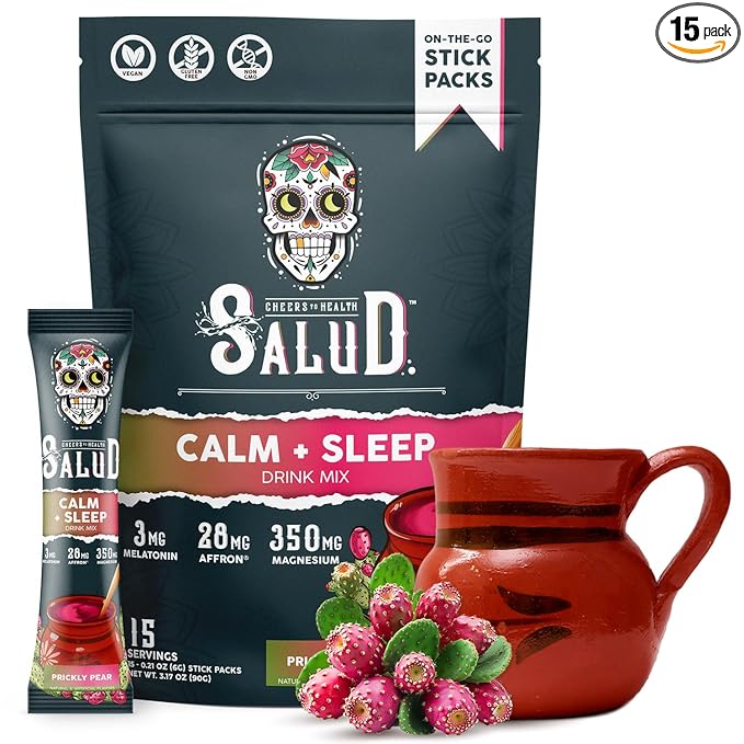 Salud 2-in-1 Sleep Aid + Calm Drink Mix Prickly Pear Flavor Melatonin Magnesium Saffron Extract L-Theanine Non-GMO Gluten Free Vegan Low Calorie 1g of Sugar (15 Servings)