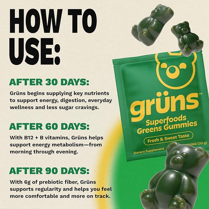 Gruns Adult Super Greens Multivitamin Gummies Superfood Gummy Vitamins for Women and Men with Spirulina Chlorella Adaptogens &amp Prebiotic Fiber for Digestive Health (28 Count) (Pack of 2)