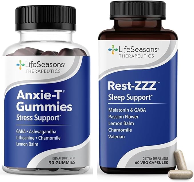 LifeSeasons Anxie-T Gummies + Rest-ZZZ Bundle – Day &amp Night Calm and Sleep Support – Reduce Stress Ease Tension Fall Asleep &amp Stay Asleep – Ashwagandha GABA L-Theanine – 90 Gummies + 60 Ca