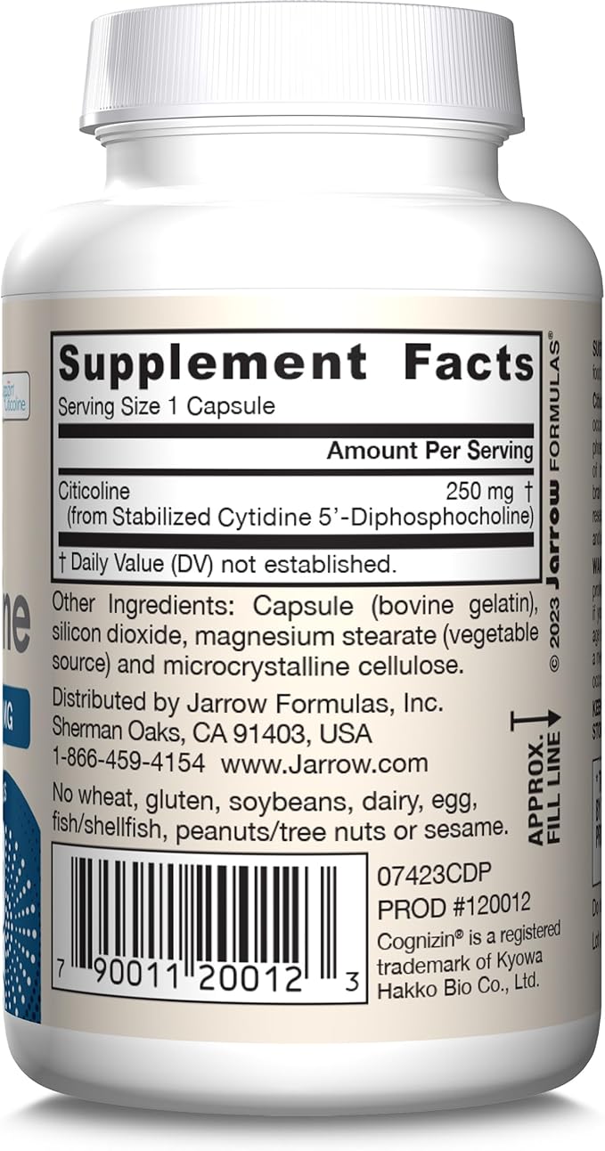 Jarrow Formulas Citicoline CDP 250 MG CDP Choline Supplements Support Brain Health Performance and Memory 60 Capsules Up to a 60 Day Supply