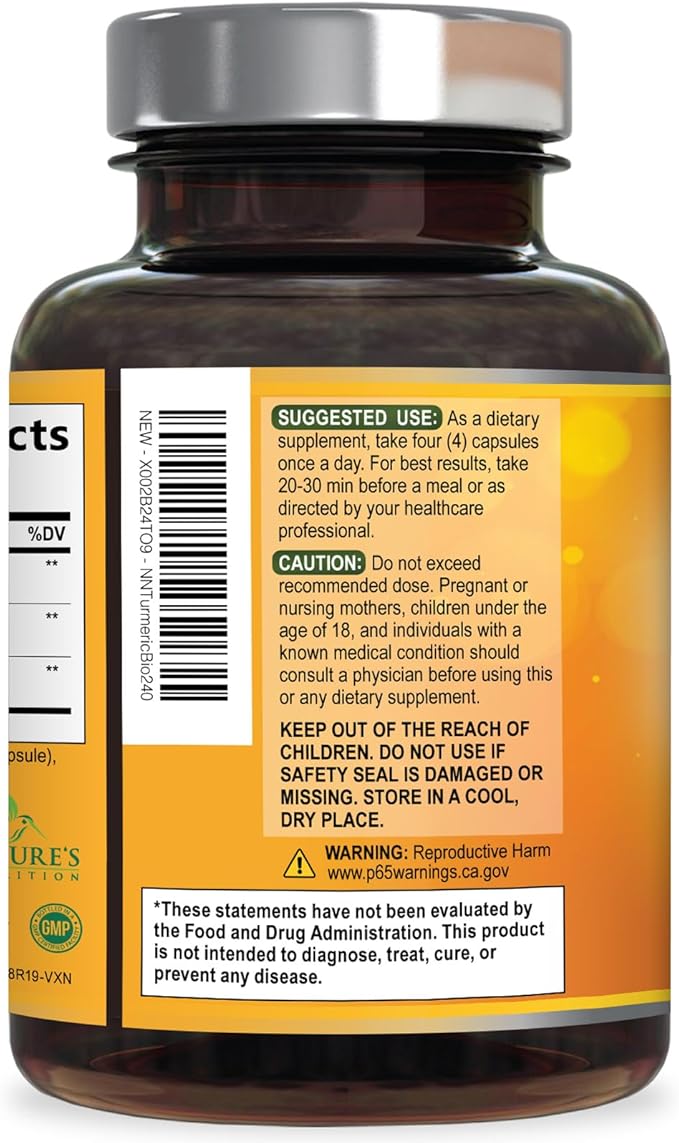 Turmeric Curcumin Supplement - 2400mg Organic Turmeric Per Serving - 95% Curcuminoids &amp BioPerine Black Pepper Extract for Best Absorption - Natural Vegan Joint Support Bottled in USA - 240 Capsu