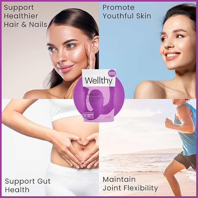 Wellthy Collagen Peptides Protein Powder - Grass Fed Hydrolyzed Collagen for Hair Growth Skin Nails Gut and Joint Support - 20000mg Collagen &amp 18g Protein | Unflavored (15 Servings)