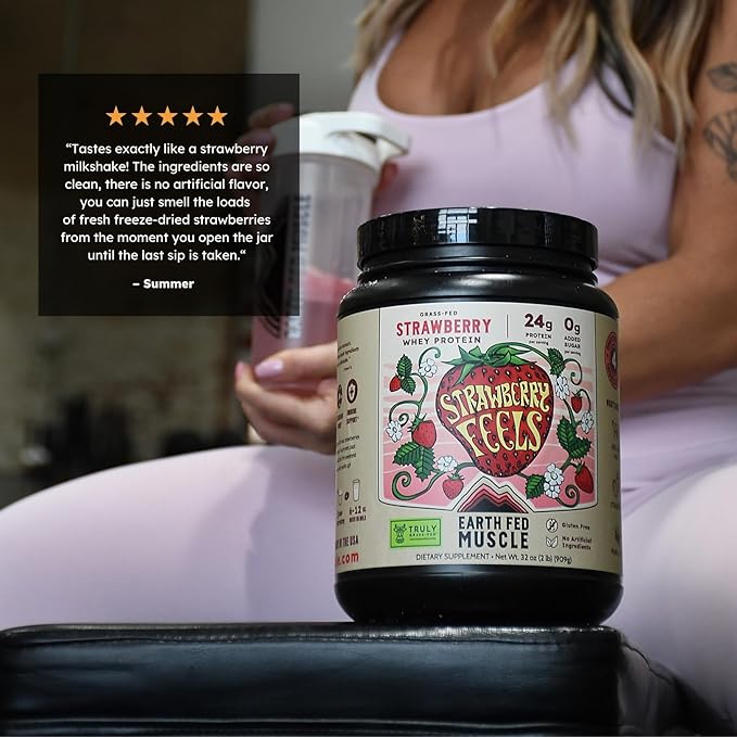 Earth Fed Muscle Strawberry Feels (Forever) – Irish Truly Grass‑Fed Whey Protein Isolate No Sugar Soy‑Free Gluten‑Free (2 lb 29 Servings Strawberry)