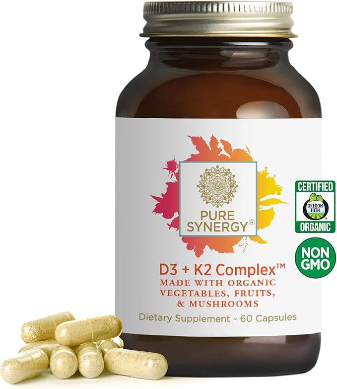 PURE SYNERGY D3 + K2 Complex | Vegan Vitamin D3 K2 Complex | Organic D3 Supplement with Vitamin K2 and K1 Plus Organic Whole Foods | Supports Bone Brain and Immune Health (60 Capsules)
