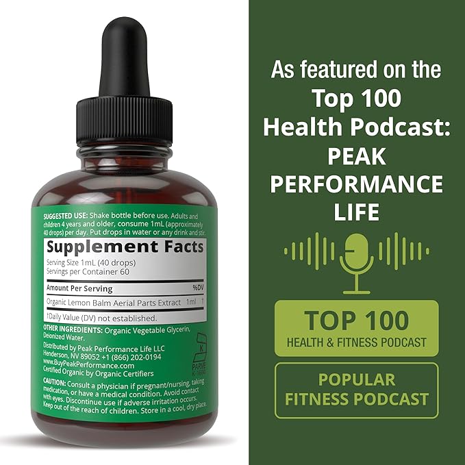 Peak Performance USDA Organic Lemon Balm Tincture - Liquid Oil Drops Supplement for Relaxation Calm Digestion - Vegan Leaf Extract - Zero Sugar Gluten Free Supplements for Women &amp Men 2 fl oz