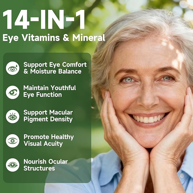 Eye Vitamin and Mineral Supplement 14 in 1 Advanced Eye Formula Vision Support with Lutein and Zeaxanthin Vitamin C E Zinc Copper Eye Health Supplements for Adults 60 Capsules/2 PCS