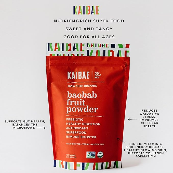 KAIBAE Premium Organic Baobab Powder | Prebiotic Fiber Superfood for Gut &amp Metabolic Health | Vitamin C + Polyphenols | Gluten-Free Non-GMO Vegan | 8 oz.