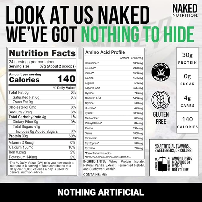 NAKED Vanilla Whey Isolate Protein - Only 4 Ingredients 30g Grass-Fed Protein Undenatured No GMO No Soy Gluten-Free No Preservatives - 24 Servings