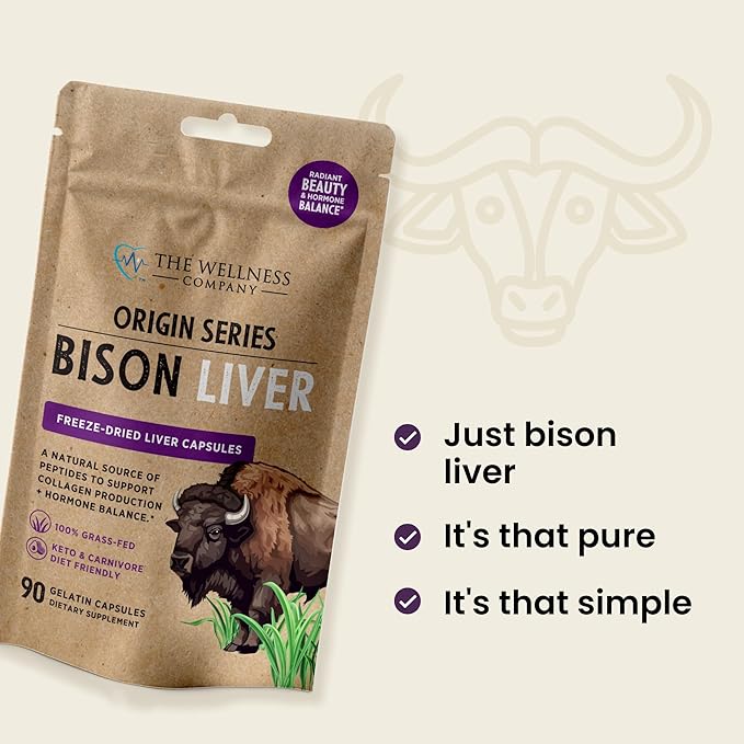Bison Liver – Natural Beauty Hormone Balance Vitality - Grass-Fed &amp Finished Organ Capsules for Collagen &amp Skin Health | 90ct (1 Month Supply)