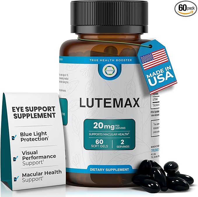 Lutemax 20mg 30 Days Supply Eye Supplement - Supports Macular Health Vision Clarity Heart Health Protects Eyes from Blue Light &amp Photons Antioxidant Protection GMP Certified 60 Softgel.