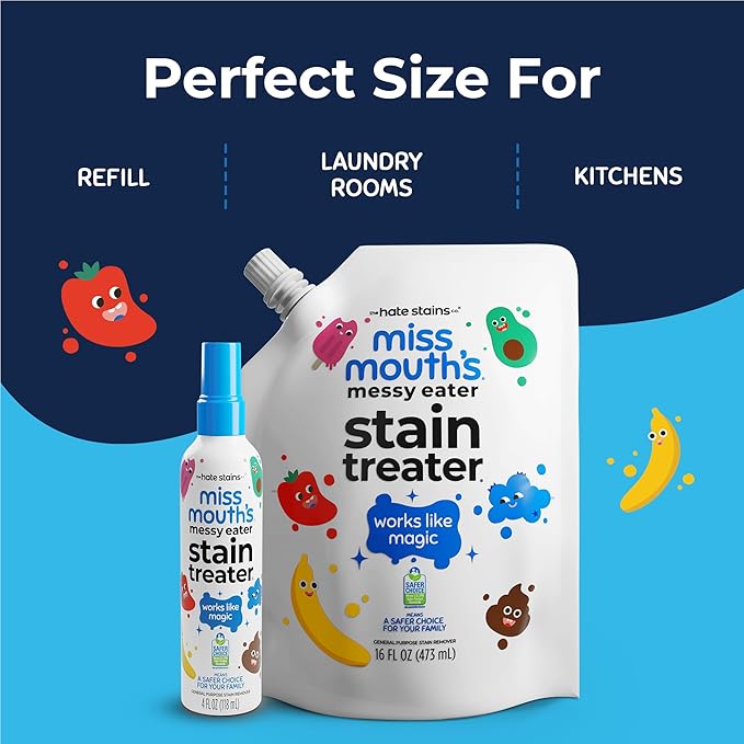 Miss Mouth's Messy Eater Stain Treater - 16oz Refill - Newborn &amp Baby Essentials - No Dry Cleaning Food Grease Coffee Off Laundry Underwear Fabric