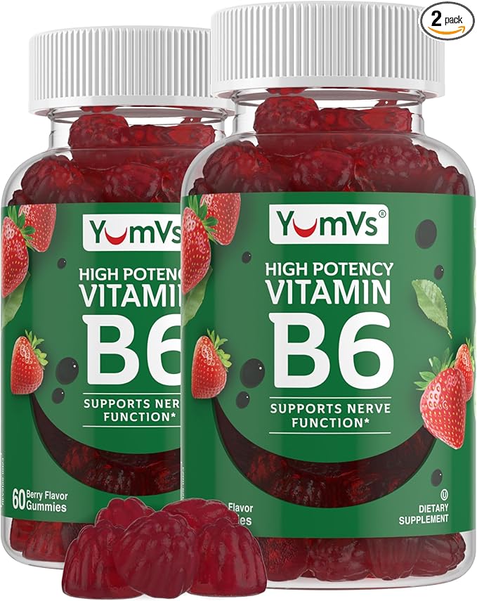 YUM-V'S Vitamin B6 Gummies - High Potency Vitamin B6 100mg - Strawberry Flavor B6 Vitamins Gummies - Nerve &amp Immune Function Non GMO Kosher 60 Count - 2 Pack
