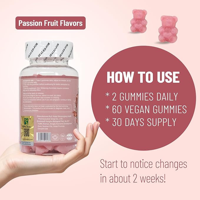 Skin Whitening Gummies with Glutathione Collagen and Bioth Hydrated Youthful Skin Glow and Spots Fading Anti-Aging 60 Count