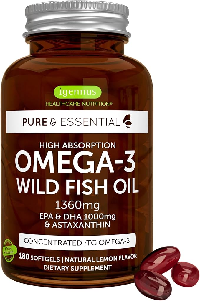 Igennus Ultra Pure Omega 3 Triglyceride rTG Wild Fish Oil 1360mg IFOS Certified EPA DHA 1000mg Plus Astaxanthin Non-GMO for Men &amp Women 180 Softgels