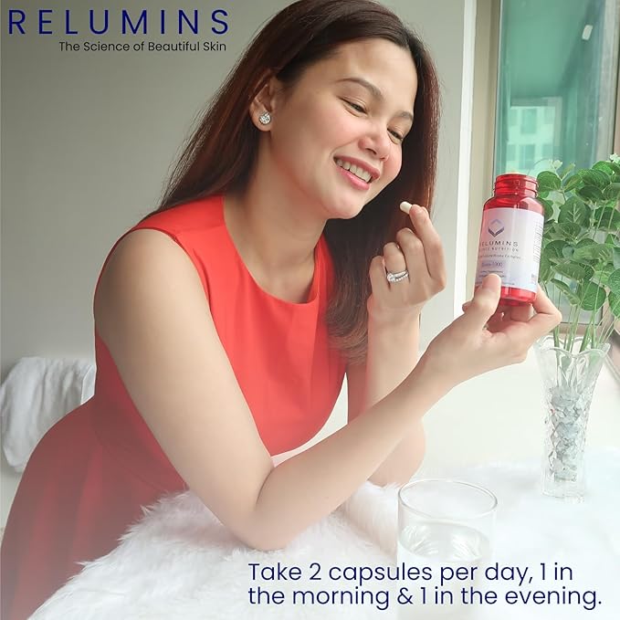 Relumins Premium Collagen &amp Gluta-1000 Bundle - 10 Sachets of Marine Collagen (Blueberry Flavor) + 60 Vegetarian Capsules - Supports Skin Health &amp Wellness