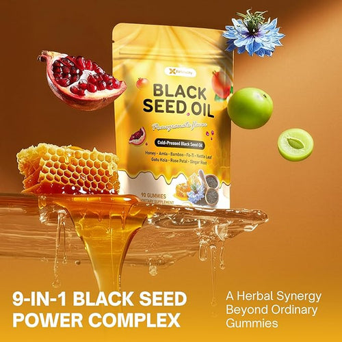 90 Black Seed Oil Gummies | 500mg Cold-Pressed Black Seed Oil Amla Bamboo Fo-Ti Nettle Leaf Gotu Kola Extract | Vegan Non-GMO Gummies | Hair Skin &amp Nail Nourishment | Pomegranate Flavor