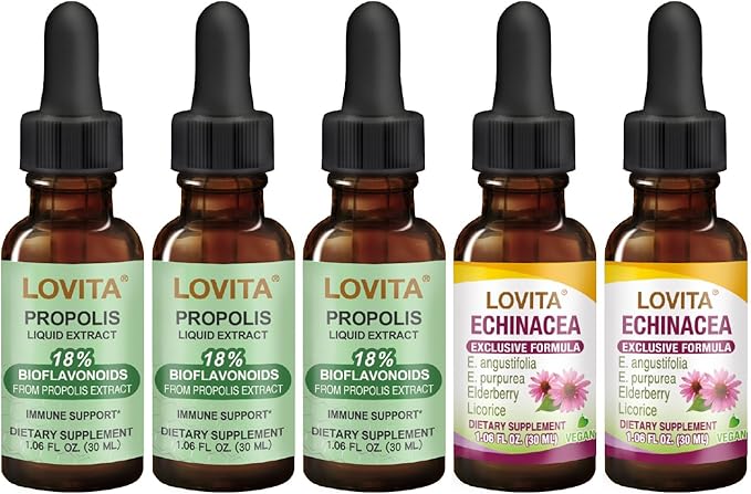 LOVITA Advanced Defense Bundle - 3 Propolis Liquid (500mg) &amp 2 Echinacea Tinctures 18% Bioflavonoids Daily Wellness Support (5 Pc Set)