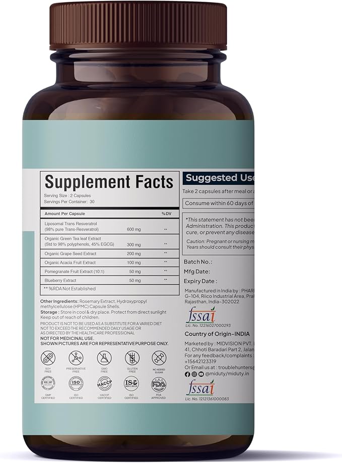 by Palak Notes Stabilized Trans-Resveratrol 600 MG -Liposomal Trans Resveratrol - Green Tea Leaf Extract - Grape Seed Extract - Gluten Free - Non-GMO - 60 Capsules