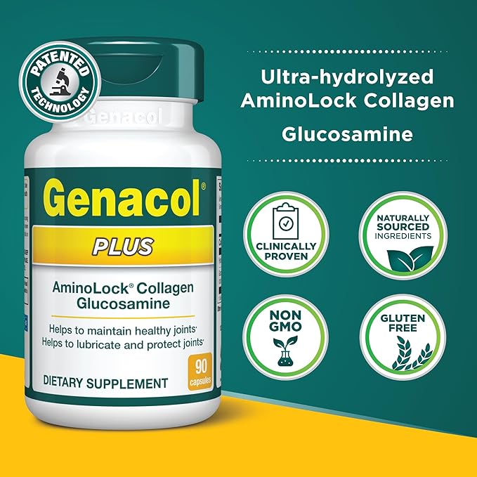 Genacol Plus – Glucosamine and Collagen Supplement Ultra-Hydrolyzed Collagen Peptides Eases Joint Movement Maintains Cartilage 90 Capsules (30-Day Supply)