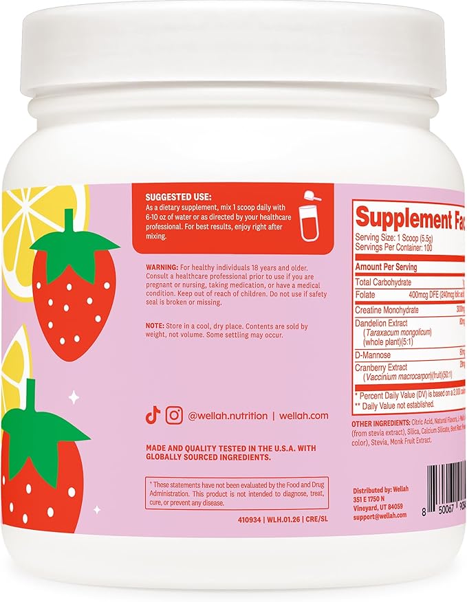 Wellah Creatine for Women - Creatine Monohydrate with Dandelion &amp Cranberry Extract (100 Servings Strawberry Lemonade)