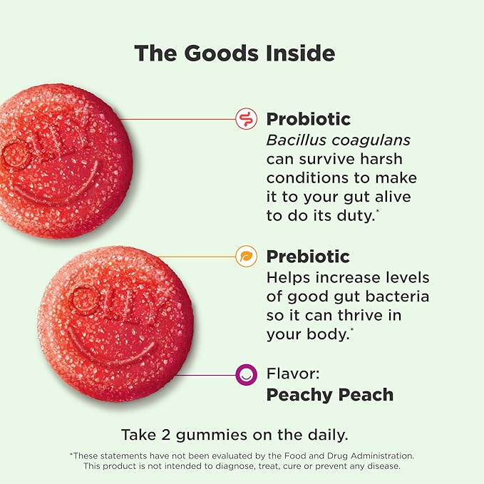 OLLY Probiotic + Prebiotic GummyDigestive Support and Gut Health500 Million CFUsFiberAdult Chewable Supplement for Men and WomenPeach60 Day Supply -60 Count (Pack of 2)