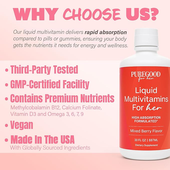 Women’s Liquid Multivitamin | 70+ Nutrients Superfoods &amp Omegas | Made in USA | Vegan Non-GMO Sugar Free | Mixed Berry | 30 Fl Oz (30 Servings)