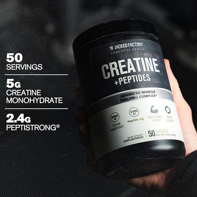 Jacked Factory Creatine + Peptides - Creatine Monohydrate and PeptiStrong Peptides for Muscle Growth and Reduced Muscle Breakdown - Unflavored - 50 Servings