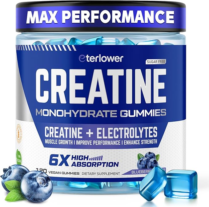 Creatine Monohydrate Gummies 5g – Pre-Workout Energy &amp Muscle Growth Support for Men &amp Women | Blueberry Electrolyte Gummies 120 Count