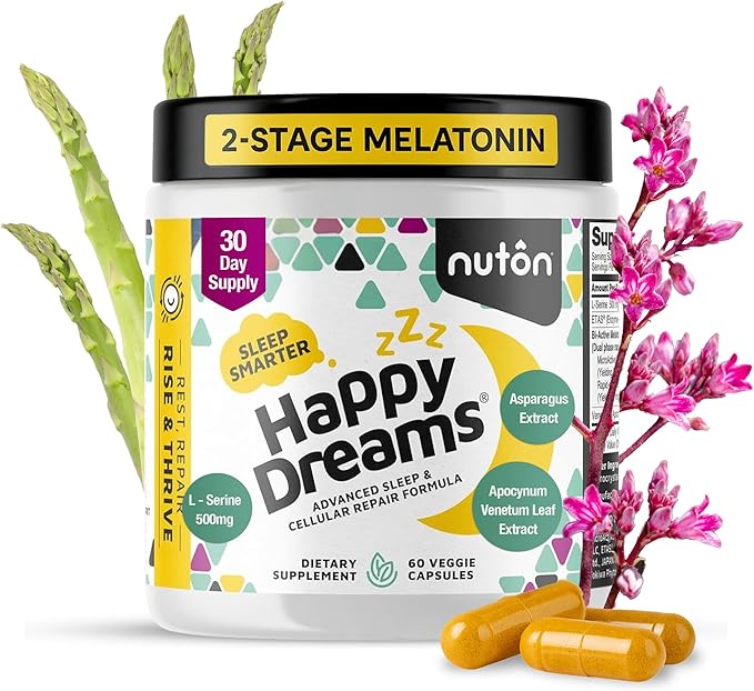 Nuton Happy Dreams Natural Sleep Aid Supplement &amp Cellular Vitality - Melatonin Sleep Aid for Adults Time Release Formula with ETAS Asparagus L-Serine and Venetron Extract 60 Veggie Capsules