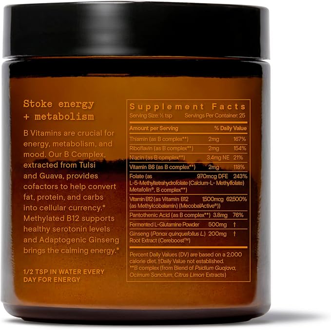 Moon Juice Ting - Vitamin B Complex Powder Supplement - Methylated B12 Folate Ginseng L-Glutamine &amp B Vitamins Caffeine Free Energy &amp Digestion Support Sugar Free Mango 1.8 oz 25 Servi