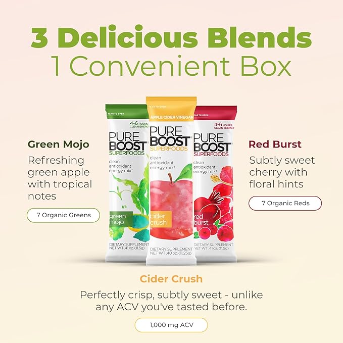 Pureboost Superfoods Clean Energy Booster Energy Drink Mix with Apple Cider Vinegar 7 Organic Red or Green Superfoods. Sugar-Free No Sucralose Electrolytes (Combo Pack 30 Count)